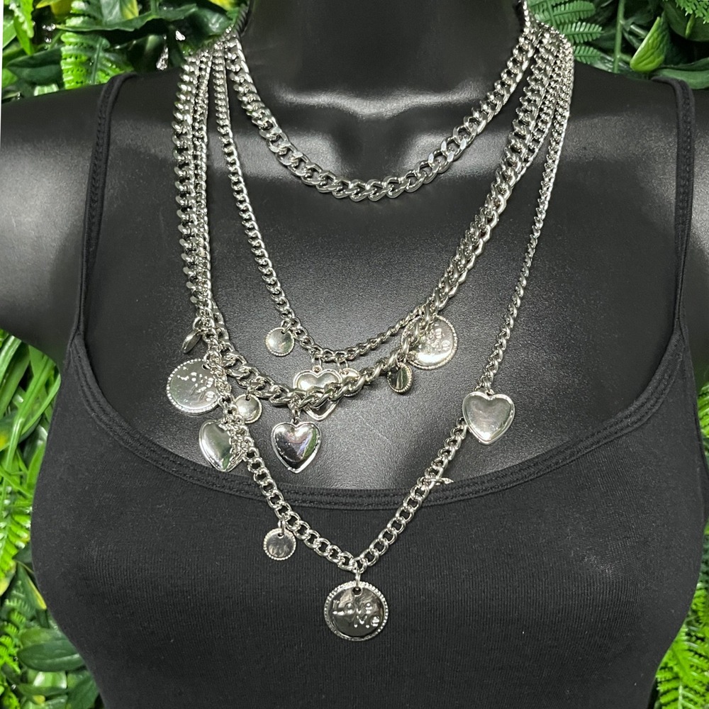 4-Layer‎ Chunky Chain Necklace Silver Tone Heart Love Me Medallion Charms 3980